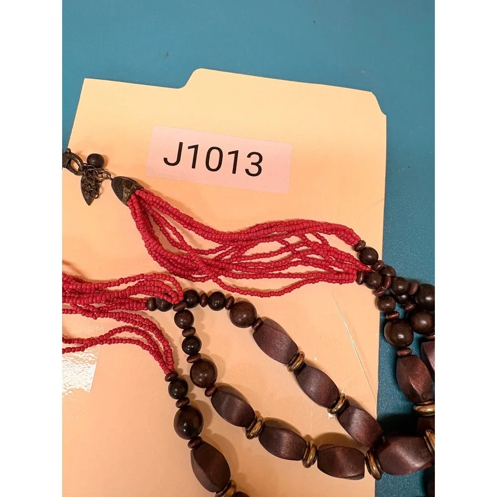 Coldwater Creek Red Seed Bead Chunky Brown Wood Multistrand Statement Necklace